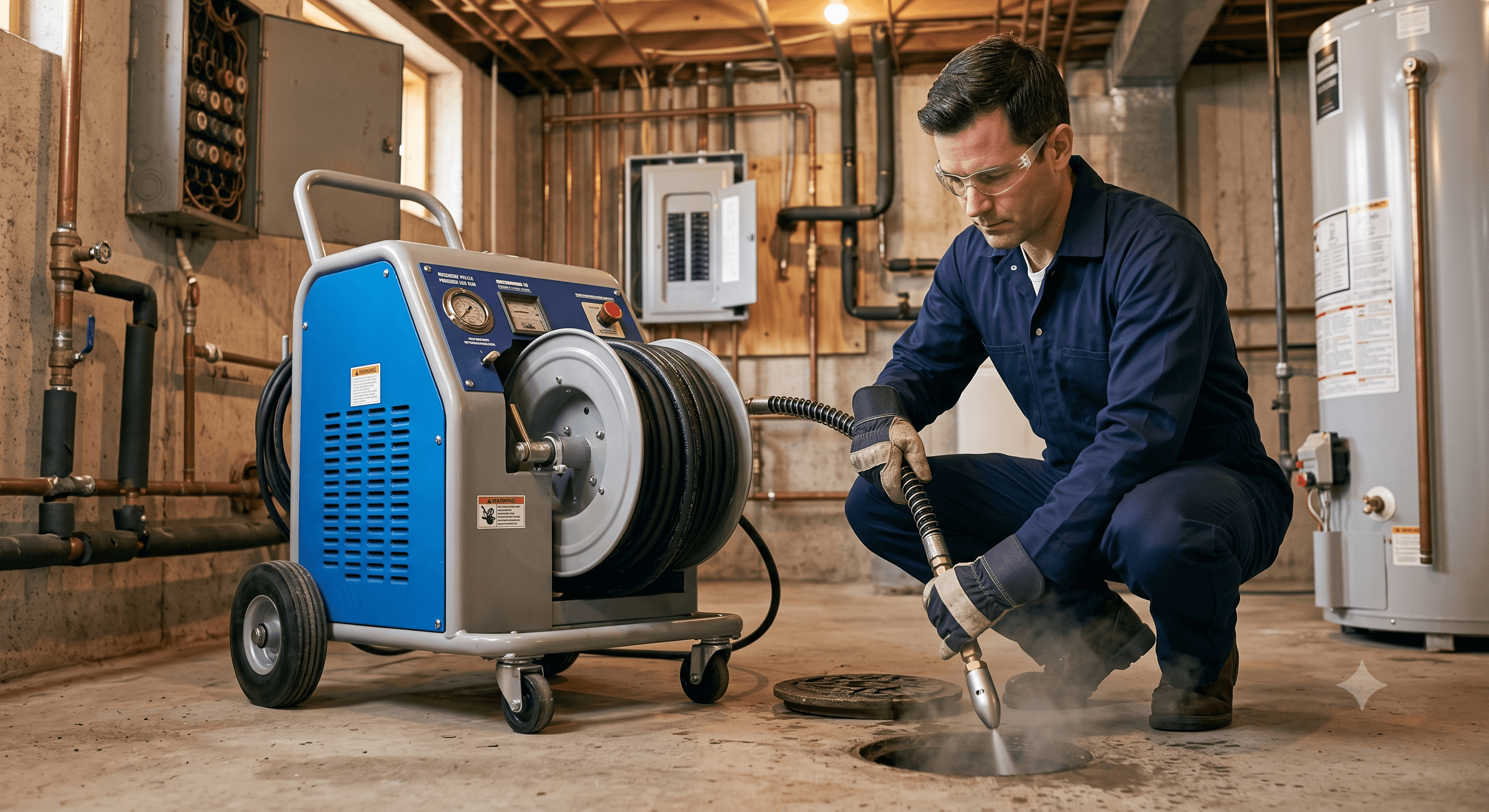 Professional plumber using a specialized high-pressure hydro-jetting machine to clean a blocked drain