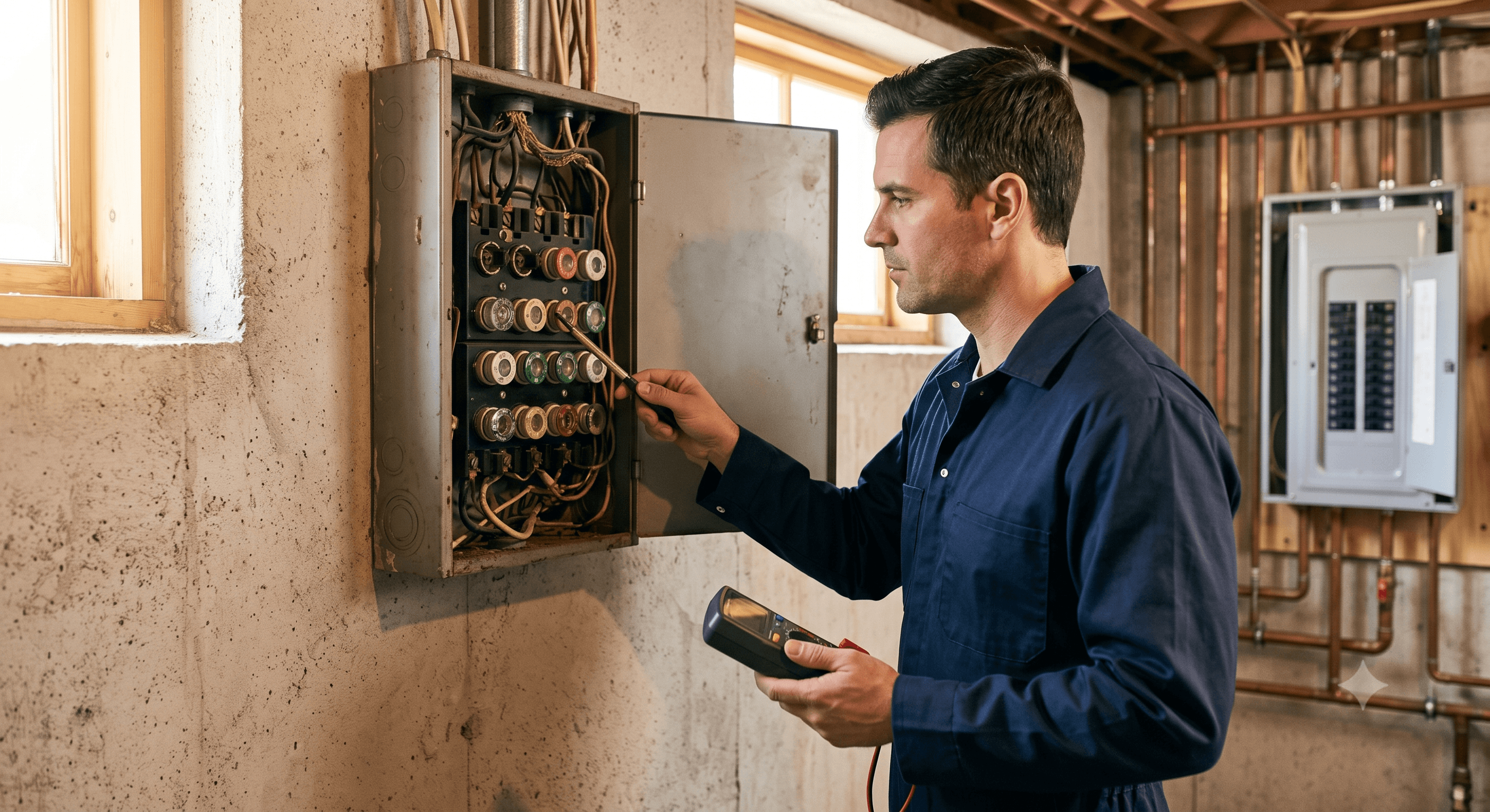 Certified electrician upgrading an old electrical panel to a modern compliant one